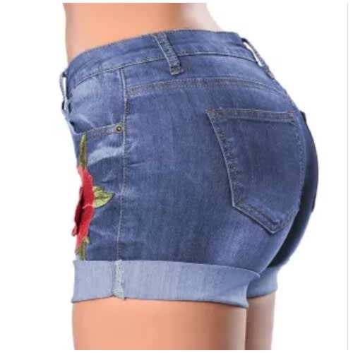 Rose Embroiderd Turnup Cuff Blue Denim Shorts - Sky Blue