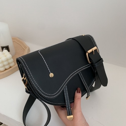 Ladies Curved Pu Leather Handbags - Black