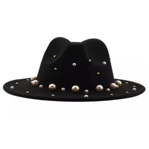 Wide Brim Fedora Hat Decorated With Pearls - Black