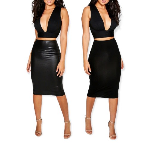 2-pack Faux Leather And Jersey Midi Skirt- Black