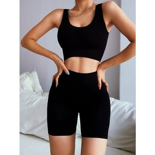 Crop Top And Biker Short Set - Black - 2 Pcs