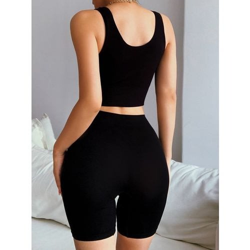 Crop Top And Biker Short Set - Black - 2 Pcs