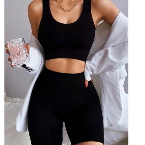 Crop Top And Biker Short Set - Black - 2 Pcs