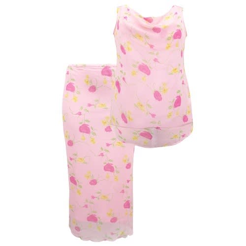 2-piece Rose Print Chiffon Blouse & Skirt Co-ord Set - Plus Size