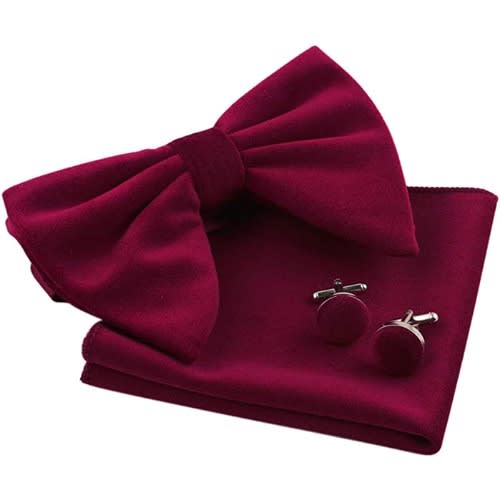 Men's Velvet Bowtie With Cufflinks And Pocket Square  - Red