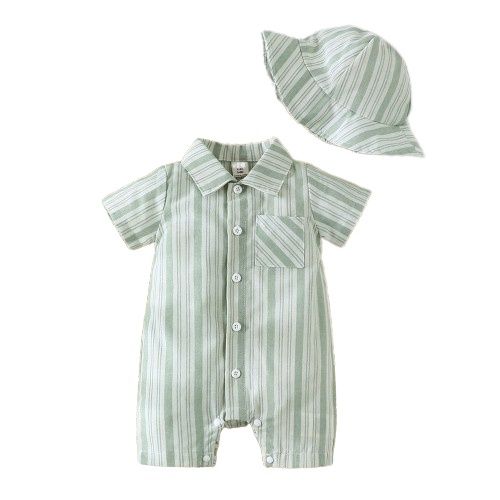 Baby Boy Green Polo Stripe Short Sleeve Romper+ Hat