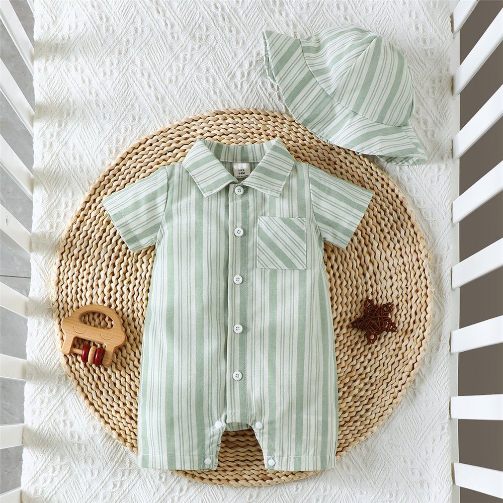 Baby Boy Green Polo Stripe Short Sleeve Romper+ Hat