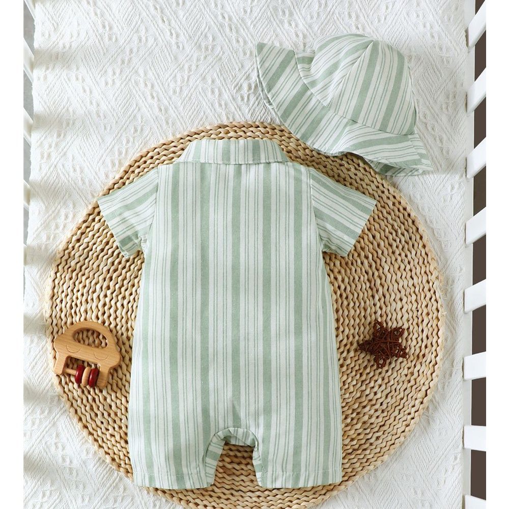 Baby Boy Green Polo Stripe Short Sleeve Romper+ Hat