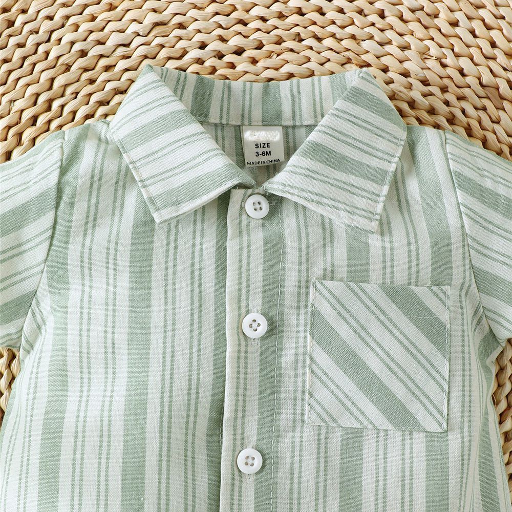Baby Boy Green Polo Stripe Short Sleeve Romper+ Hat