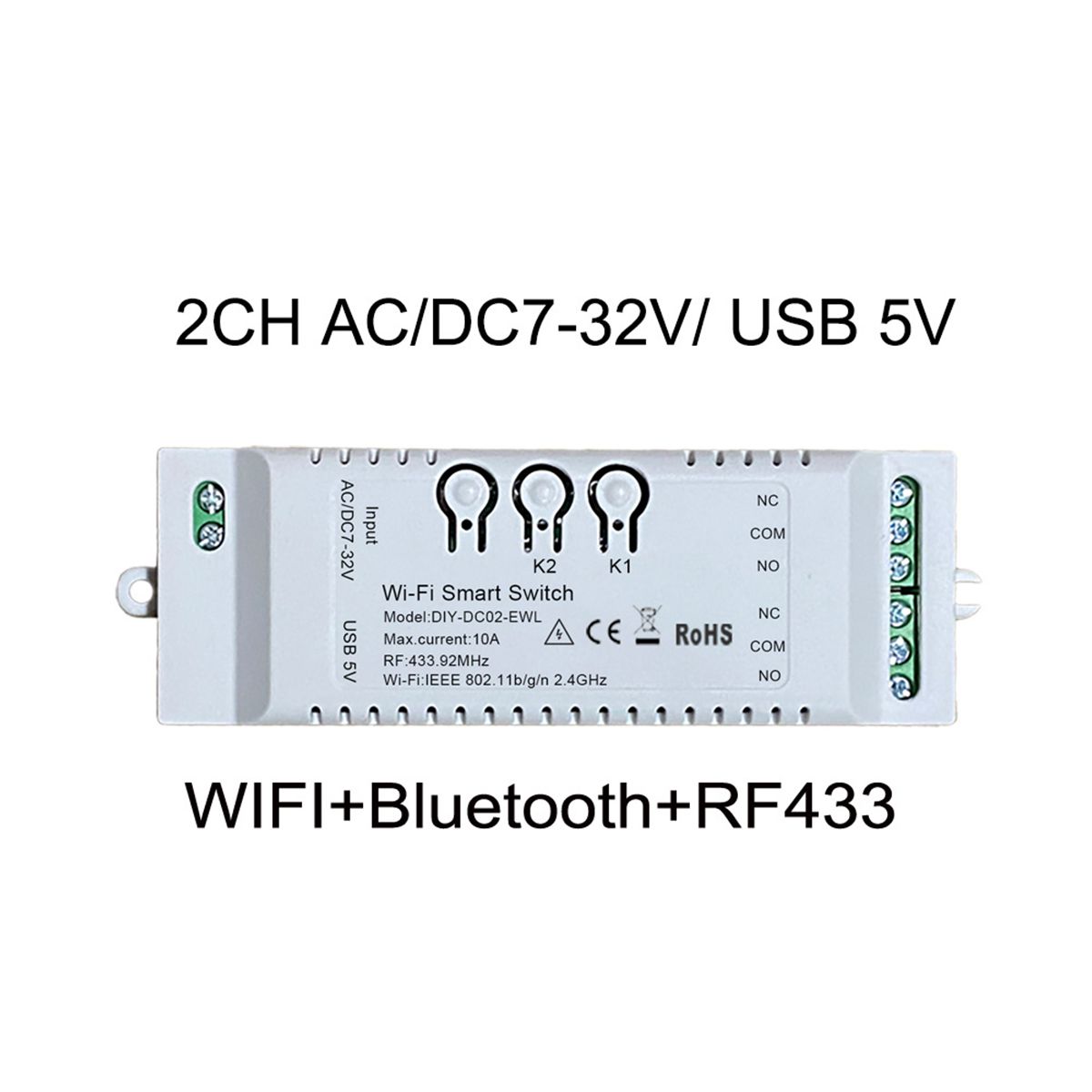2CH WiFi Smart Switch DIY Timer 7-32V 2.4G WiFi+RF433+BT