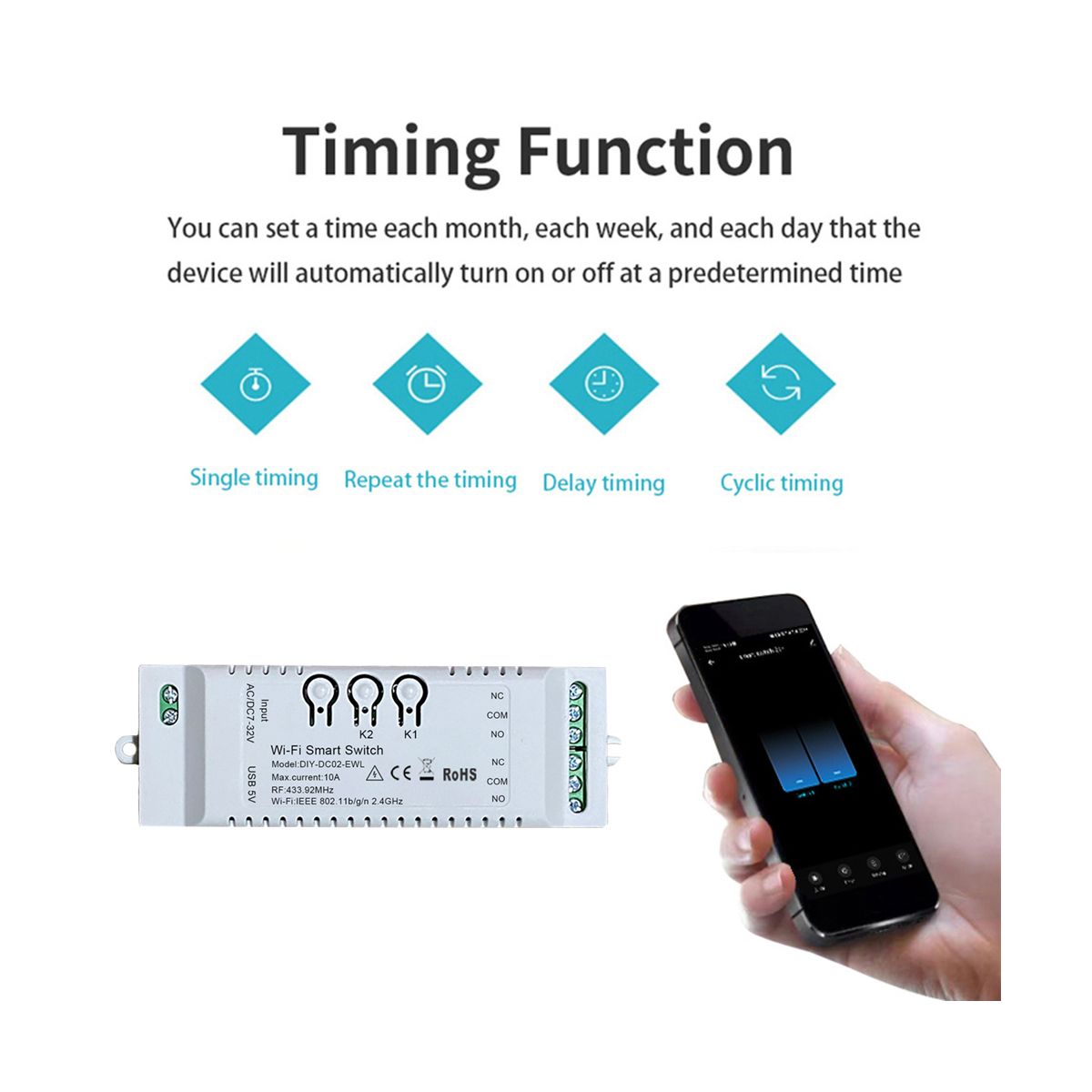 2CH WiFi Smart Switch DIY Timer 7-32V 2.4G WiFi+RF433+BT