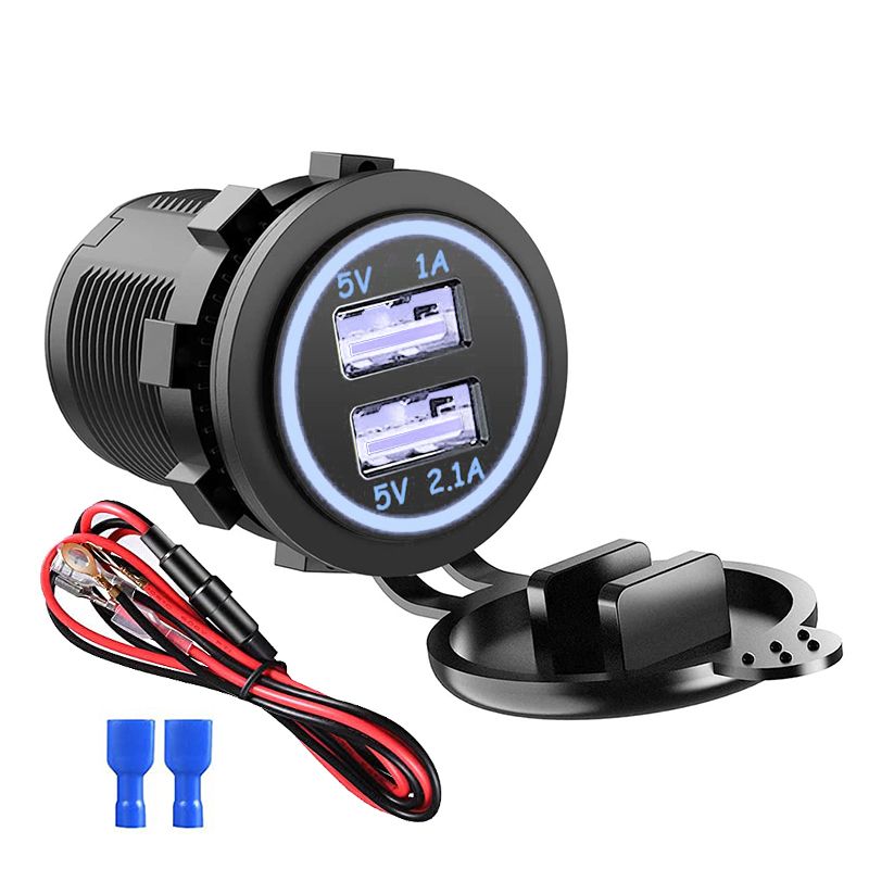 （ Add Wire）12V/24V Waterproof Dual USB Ports Car Cigarette Charger Socket Power Adapter Outlet For Car Boat Marine Motorcycle Bus Truck