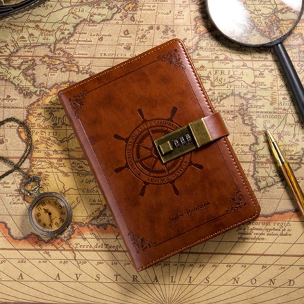 B6 112 Sheets Rudder Leather Journal Blank Diary Note Book+Password Lock