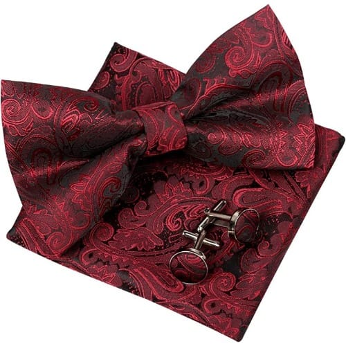Men's Floral Bowtie With Cufflinks And Pocket Square  - Wine