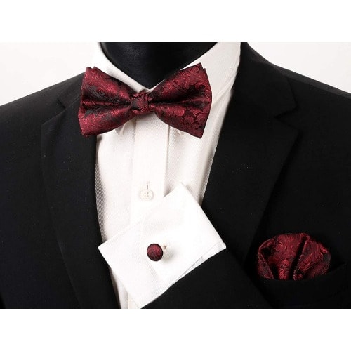 Men's Floral Bowtie With Cufflinks And Pocket Square  - Wine