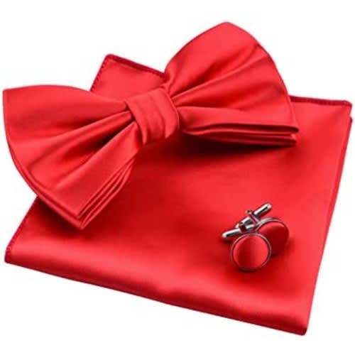 Men's Bowtie With Cufflinks And Pocket Square  - Red