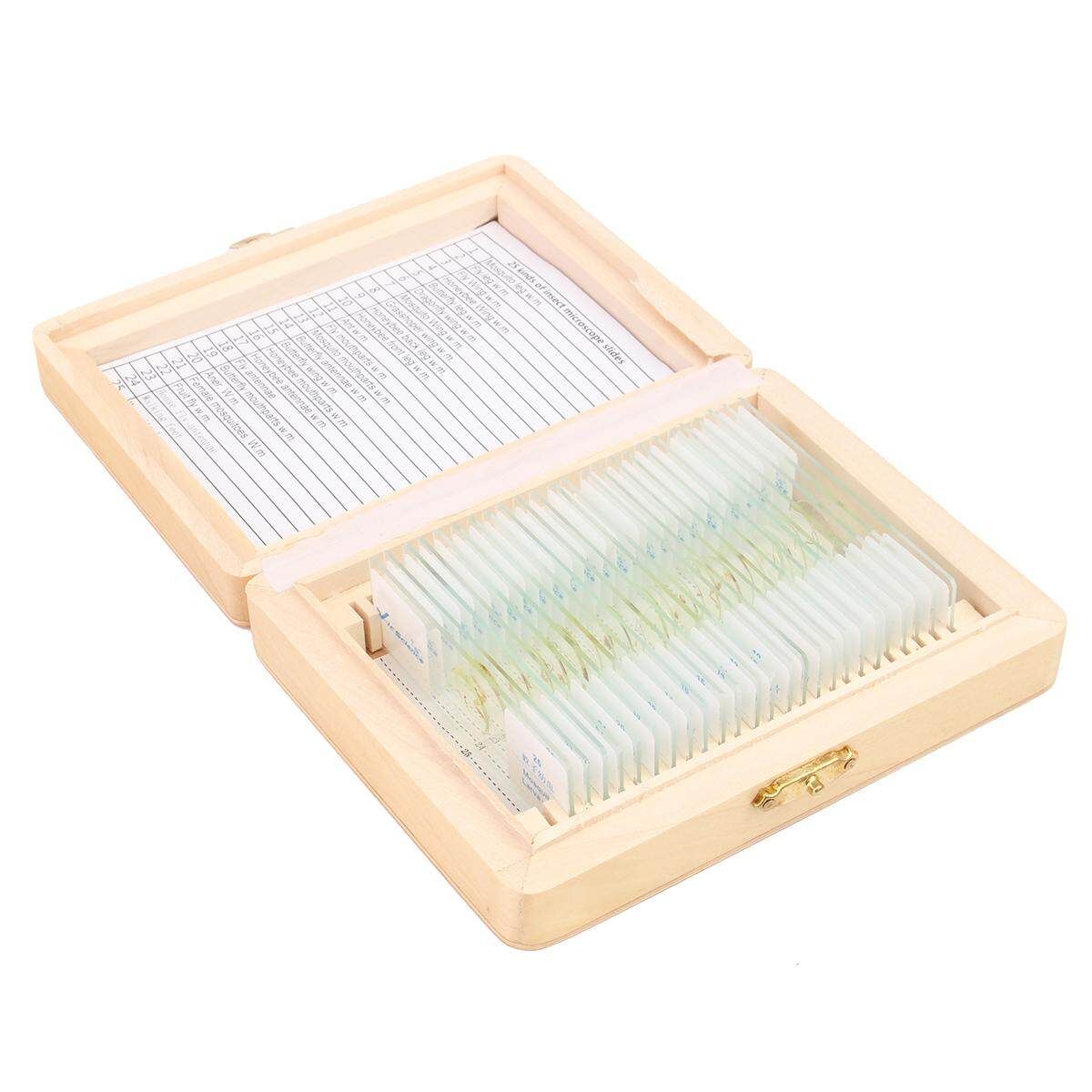 25Pcs Basic Science Microscope Glass Slides Sample With Wooden Box