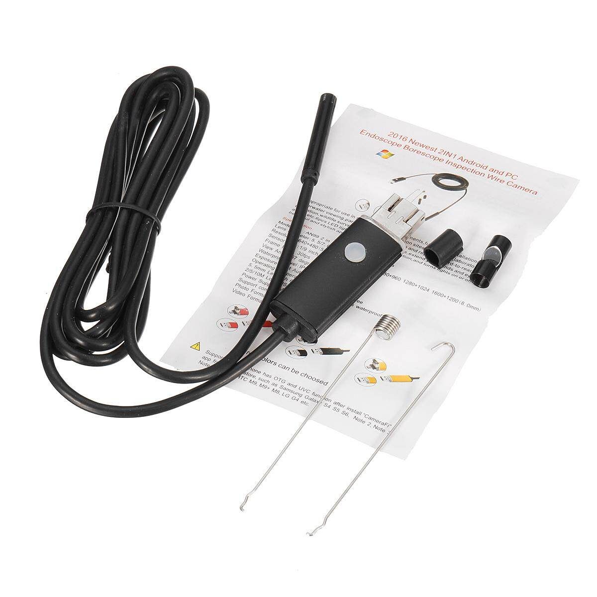2 In 1 2M 5.5mm 6 LED USB Endoscope Inspection Camera Waterproof For Phone PC Black