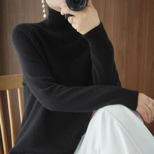 Women Turtleneck Autumn Winter Sloid Knitted Casual Pullover Sweaters-Black