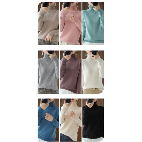 Women Turtleneck Autumn Winter Sloid Knitted Casual Pullover Sweaters-Black
