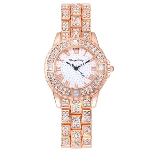 Ice Studded Rhinestone Women's Wrist Watch- Rose Gold