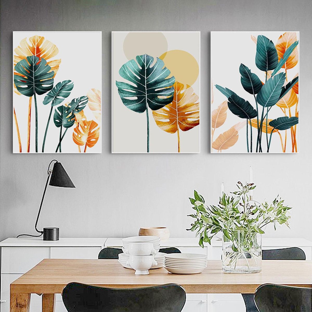 Nordic Style Golden Green Leaves Painting Decorative Picture Home Wall Ornament