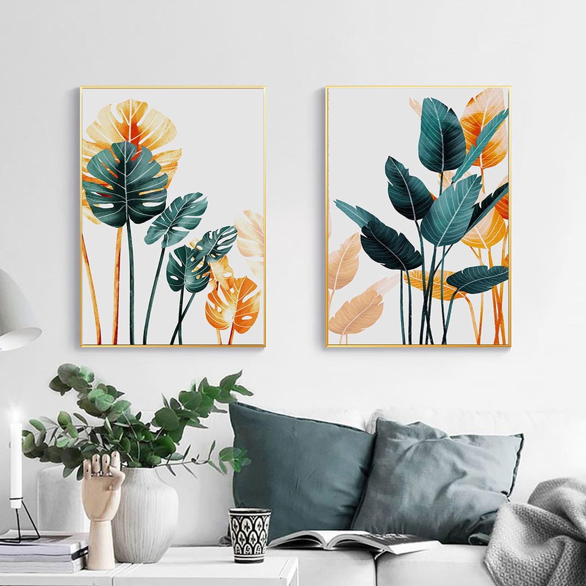 Nordic Style Golden Green Leaves Painting Decorative Picture Home Wall Ornament