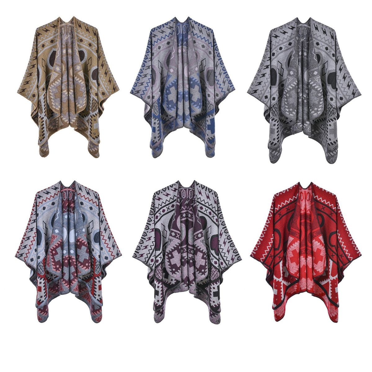 Shawl Wraps For Women Geometrical Pattern Open Front Poncho Cape Long Cardigan Sweater-red