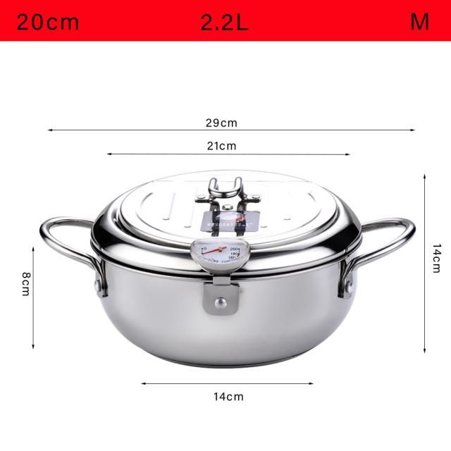 Deep Fryer With Thermometer and Lid 304 Stainless Steel Kitchen Tempura Fryer Pan Fryer Without Oil Frying Pan Fryer