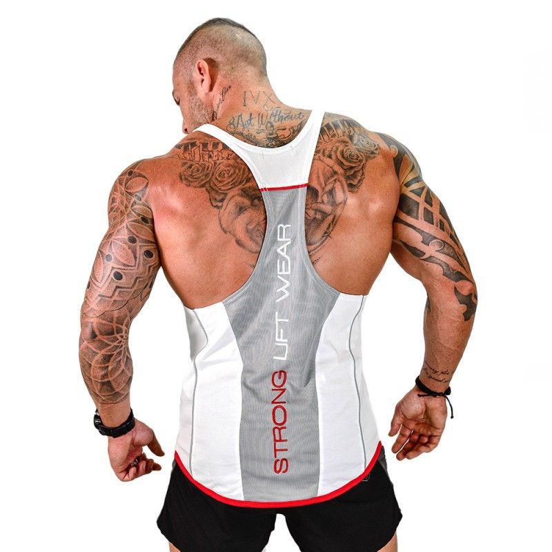 Muscle Fitness Vest Sports Men's Gym Sleeveless I-shaped Elastic WHITE & RED