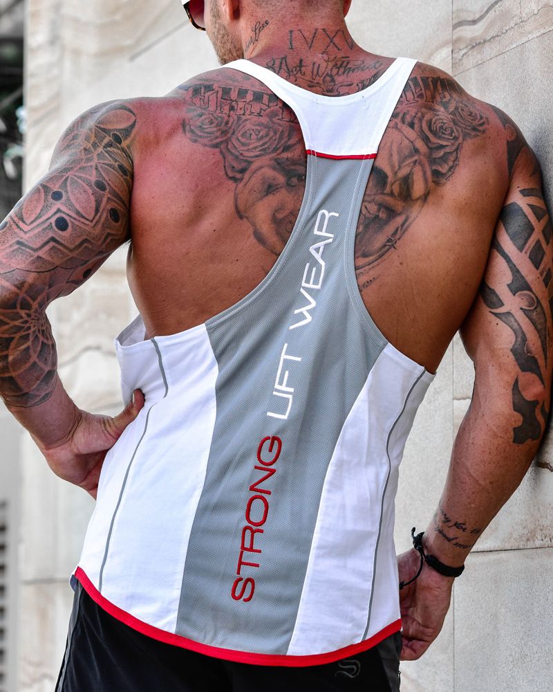 Muscle Fitness Vest Sports Men's Gym Sleeveless I-shaped Elastic WHITE & RED