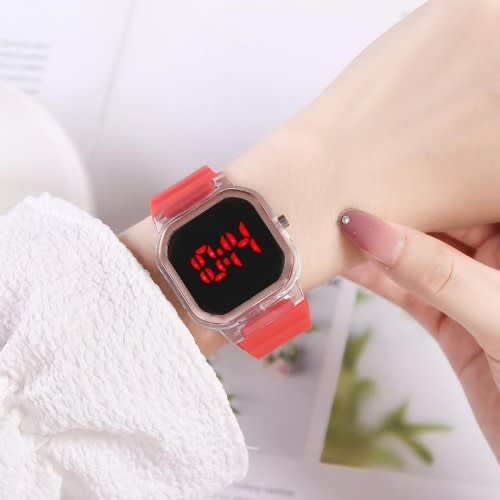 Unisex Transparent Bezel Silicone Led Watch - Red