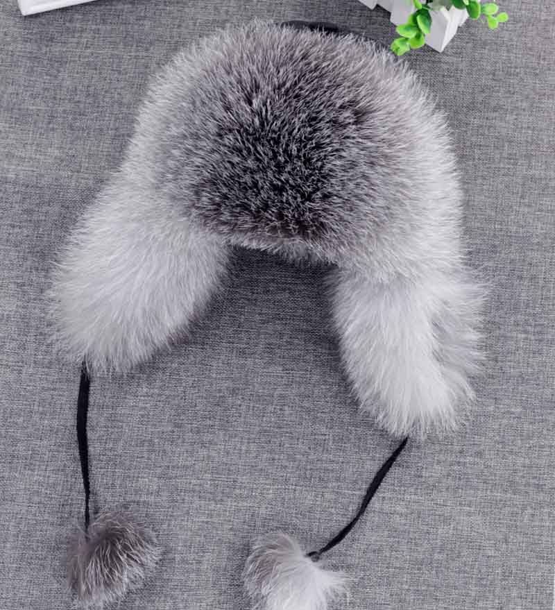 100% Real Fox Fur Hat Women's Russian  Aviator  Snow Skiing Hat Caps Earflap Winter Rac Fur Er Hat-Silver