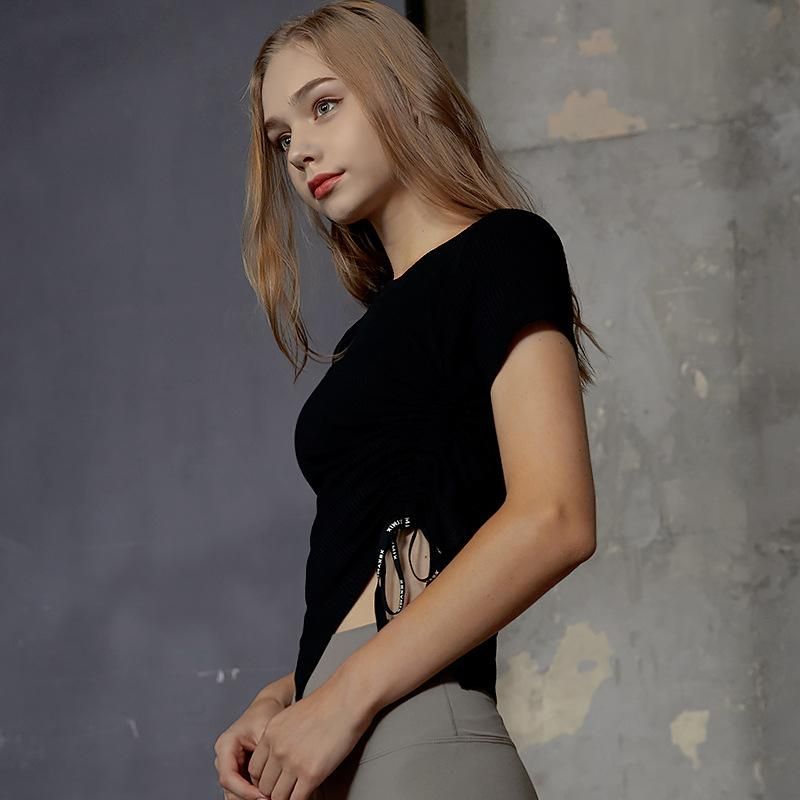 2022 new outdoor running short sleeve yoga suit top Korean personalized drawstring yoga fitness suit