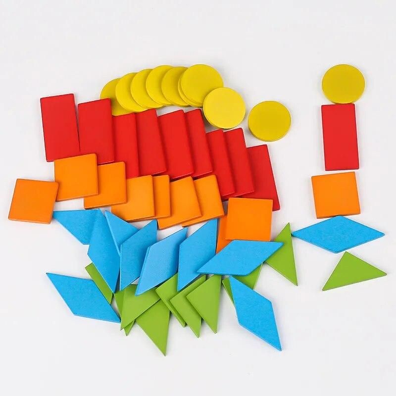 50pcs Wooden Geometric Shapes Blocks Tangram Puzzles for Kids Kindergarten Classic Educational Montessori Tangram Math Toys