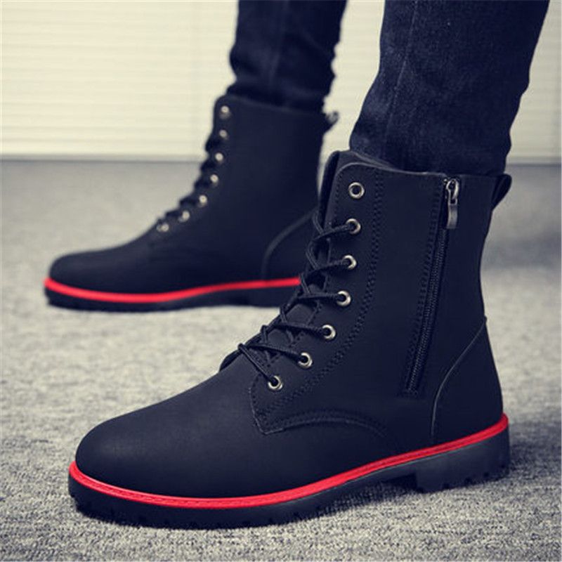 2022 Men Boots British Red High Top Mens Army Boots Korean Zipper Men's Snow Winter Boots Cowboy Boots For Men BLACK-Red