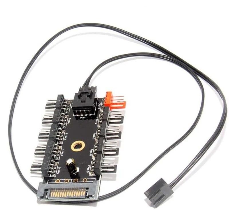Newest Black 1 to 10 PC Cooler Cooling Fan Hub Splitter Cable Pwm SATA 12V Power Supply Speed Adapter for Computer Miner Mining