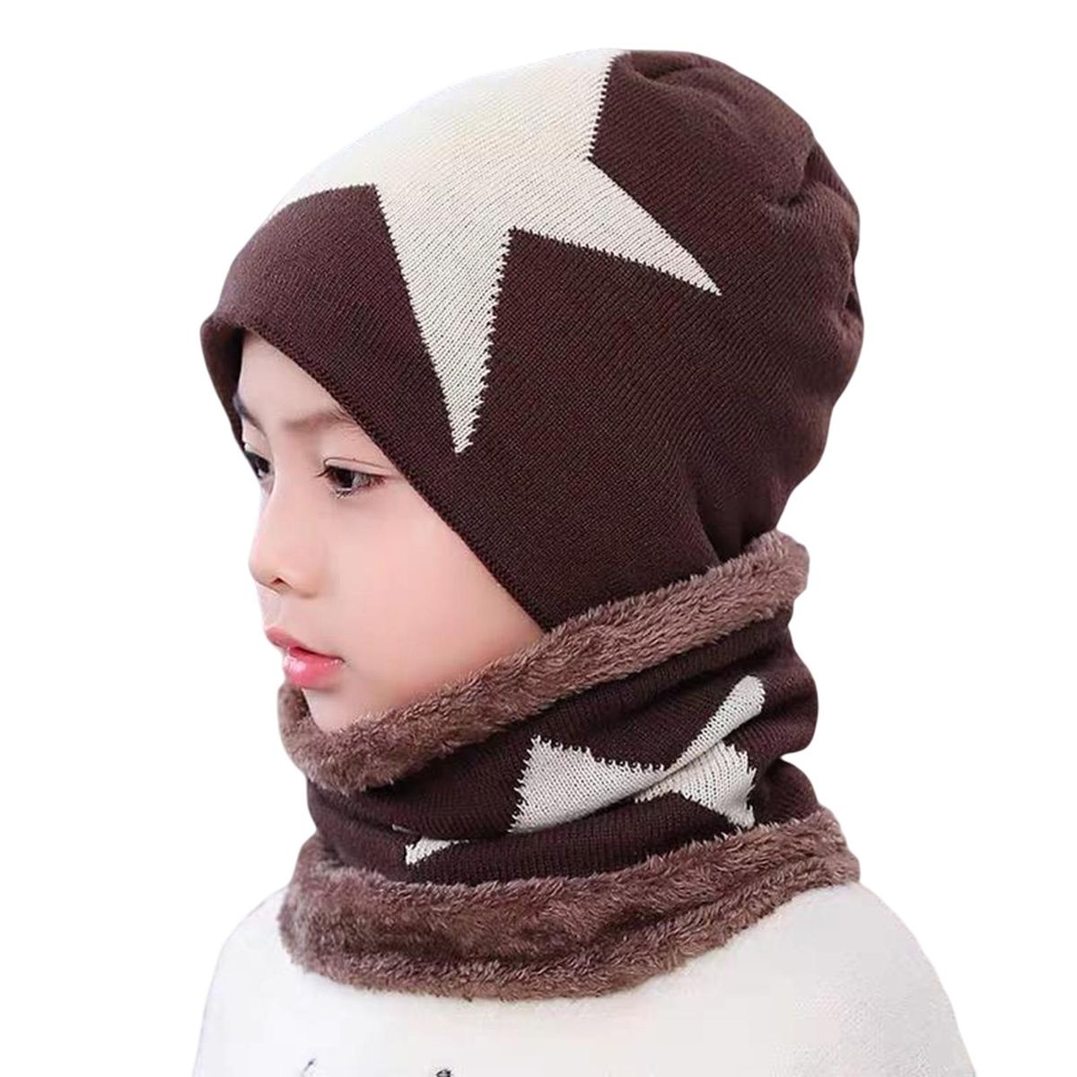 2PcsSet Children Hat Scarf Baby Boys Girls Star Print Neck Warmer Beanie Hat Coffee