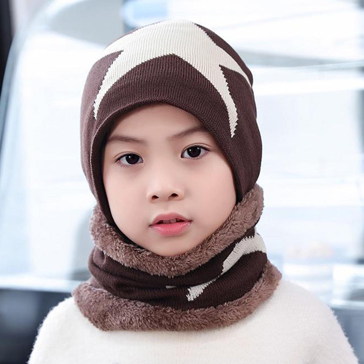 2PcsSet Children Hat Scarf Baby Boys Girls Star Print Neck Warmer Beanie Hat Coffee