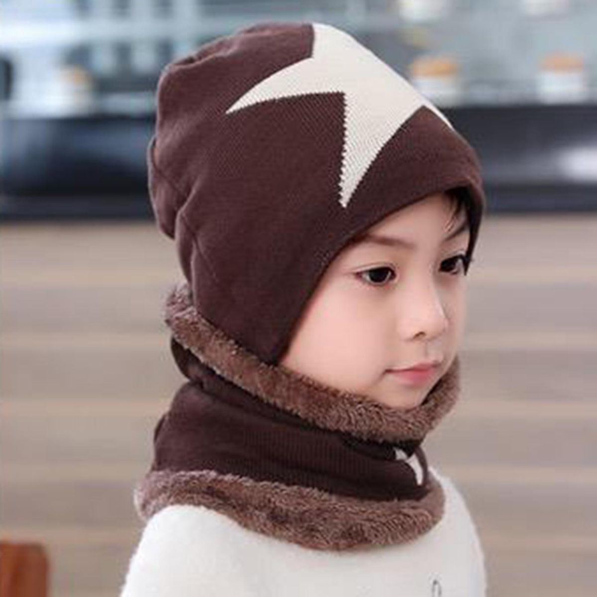 2PcsSet Children Hat Scarf Baby Boys Girls Star Print Neck Warmer Beanie Hat Coffee