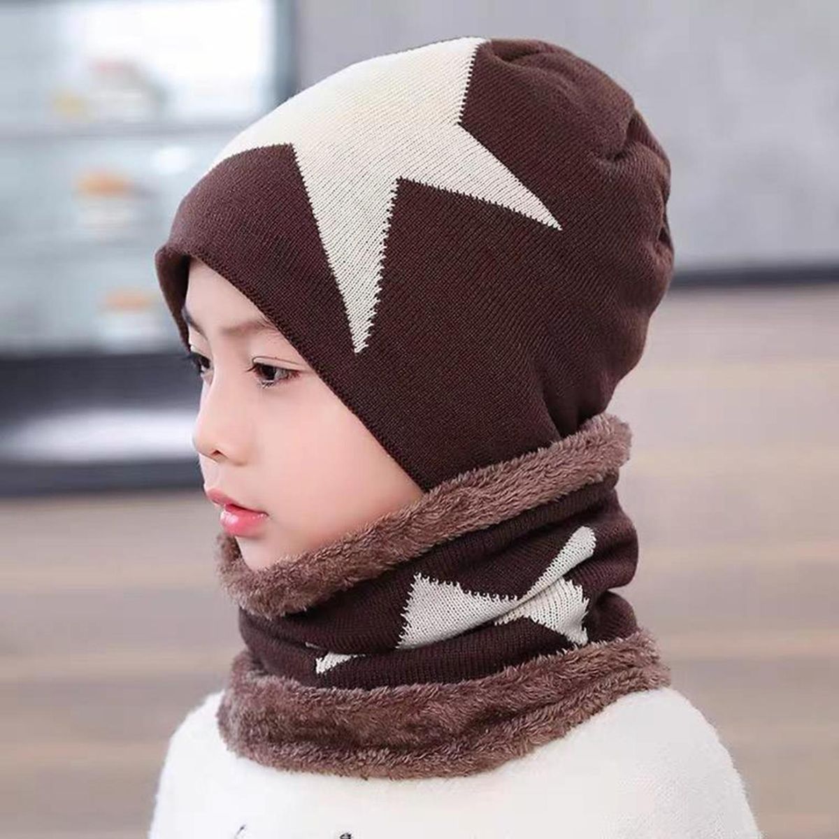 2PcsSet Children Hat Scarf Baby Boys Girls Star Print Neck Warmer Beanie Hat Coffee