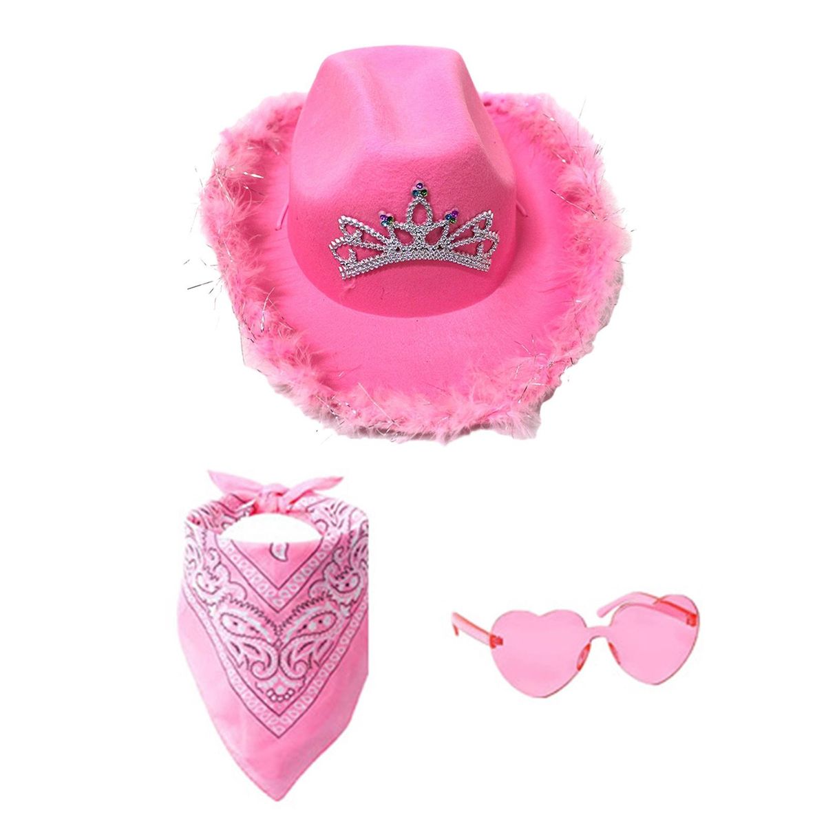 Performance Hat Glasses Scarf Vintage Pink Cowboy Hat with for Cosplay Pink