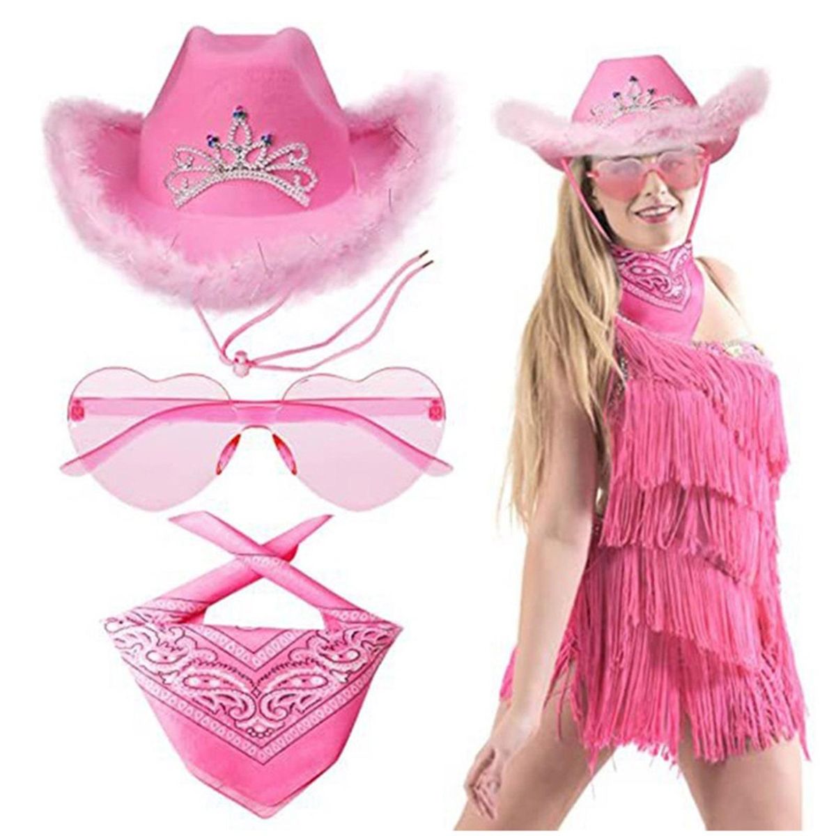 Performance Hat Glasses Scarf Vintage Pink Cowboy Hat with for Cosplay Pink