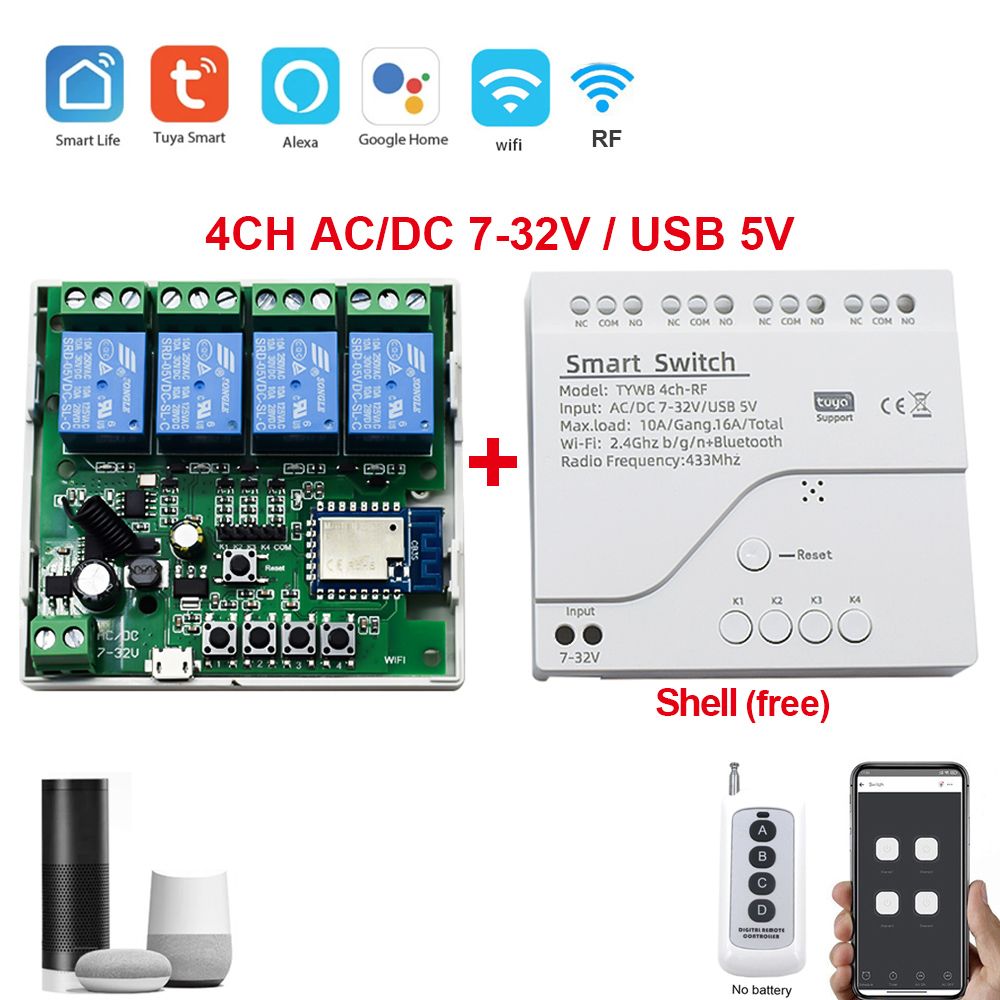 4CH RF Smart Switch 12V 24V 220V AC DC WIFI Tuya Remote
