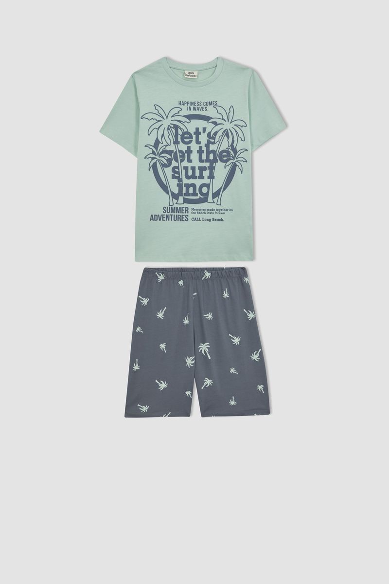 2 Piece Boy Special Collection Regular Fit Crew Neck Short Sleeve Knitted Pyjamas - Green