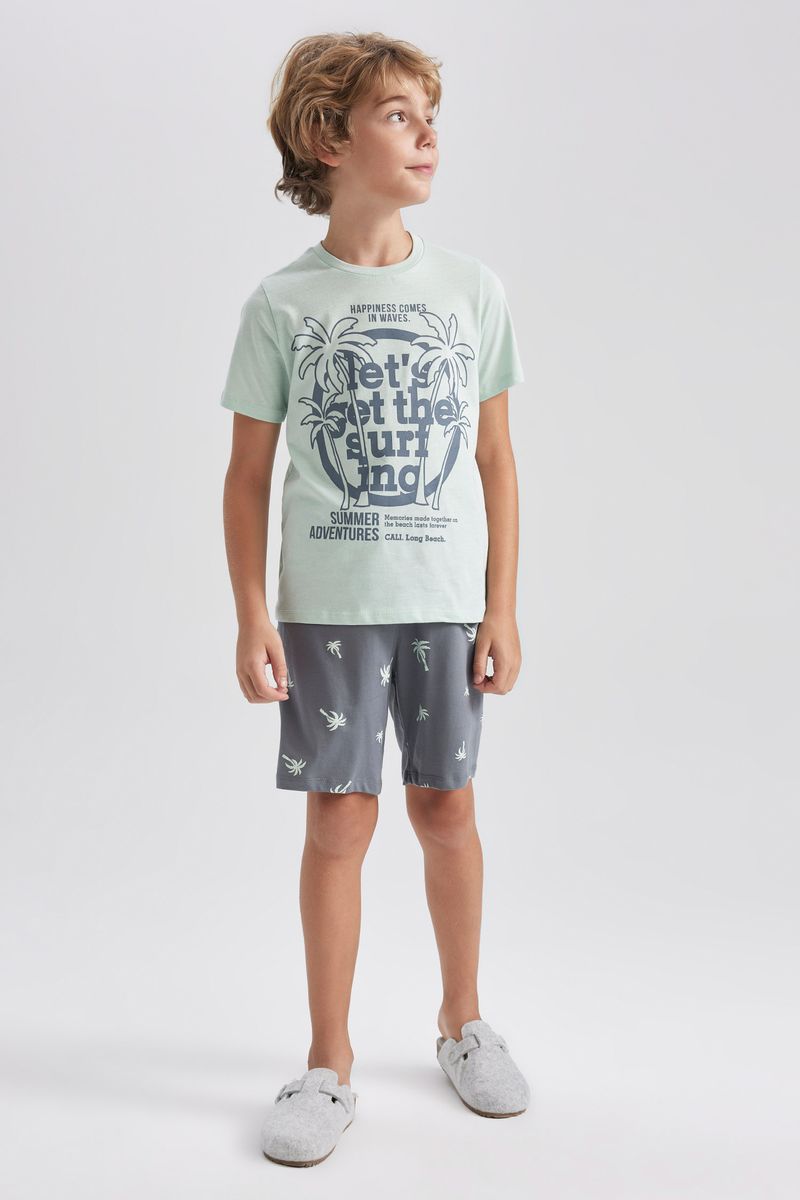 2 Piece Boy Special Collection Regular Fit Crew Neck Short Sleeve Knitted Pyjamas - Green