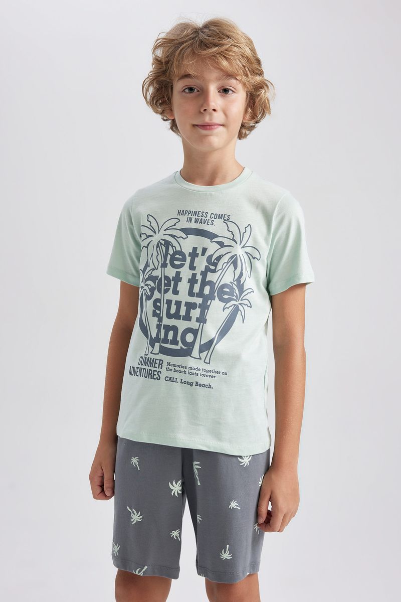 2 Piece Boy Special Collection Regular Fit Crew Neck Short Sleeve Knitted Pyjamas - Green