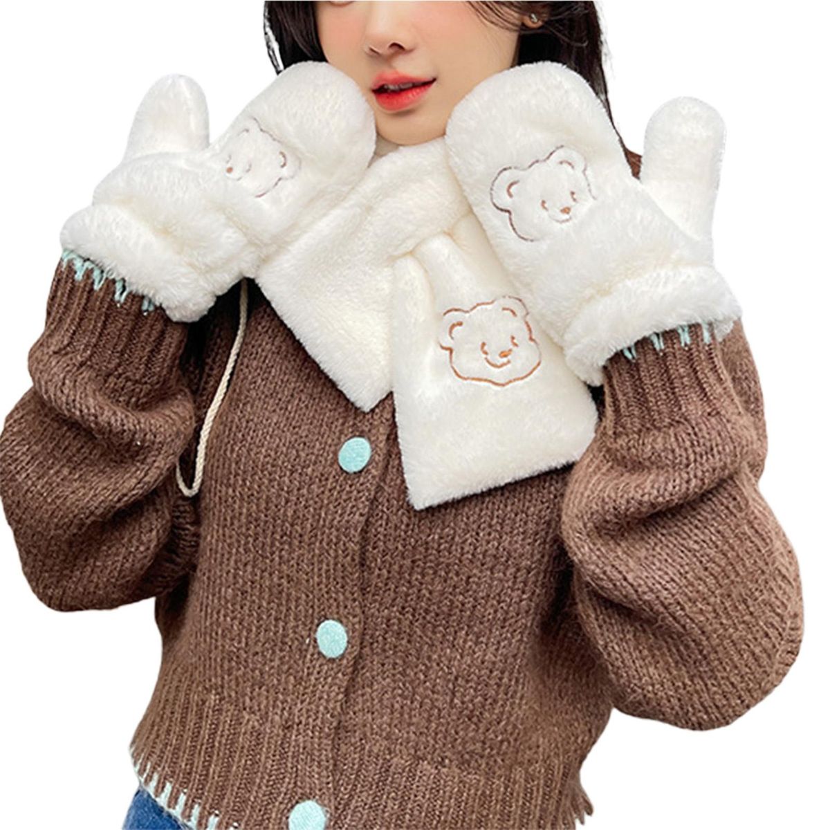 2PcsSet Scarf Set Warm Plush Solid Color Scarf Set White