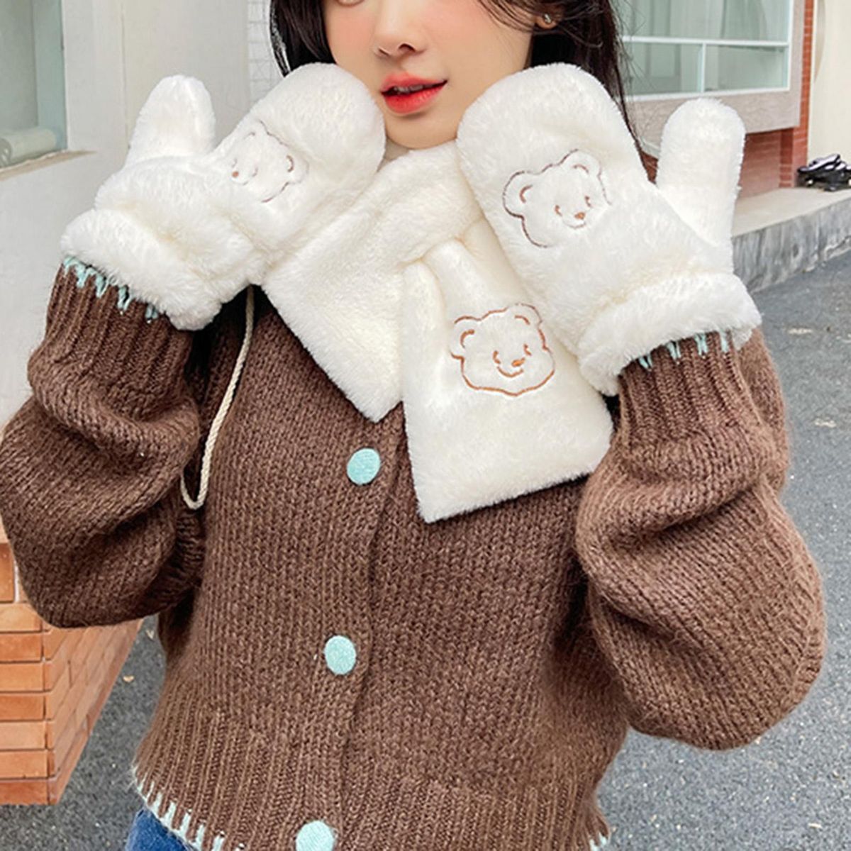 2PcsSet Scarf Set Warm Plush Solid Color Scarf Set White