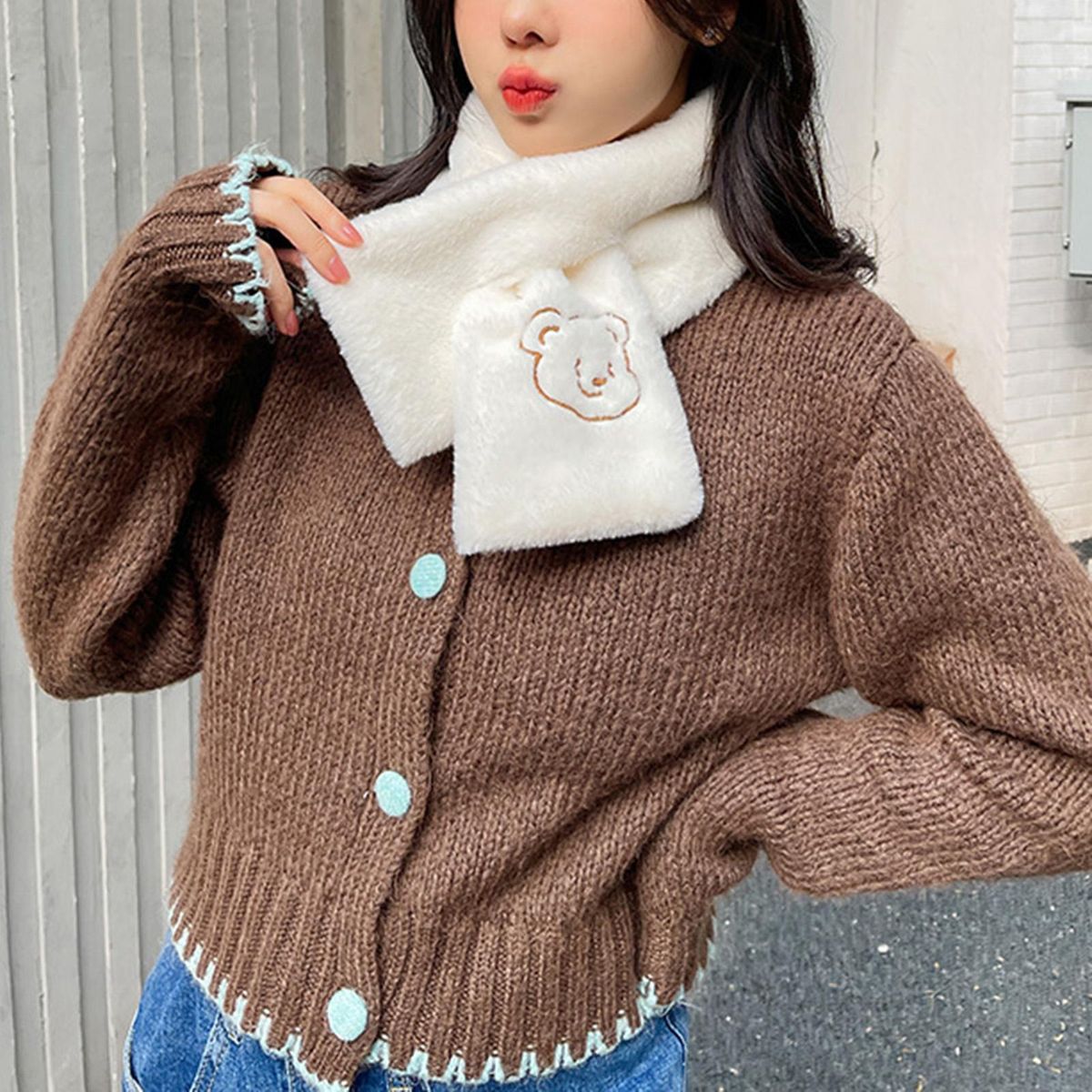 2PcsSet Scarf Set Warm Plush Solid Color Scarf Set White
